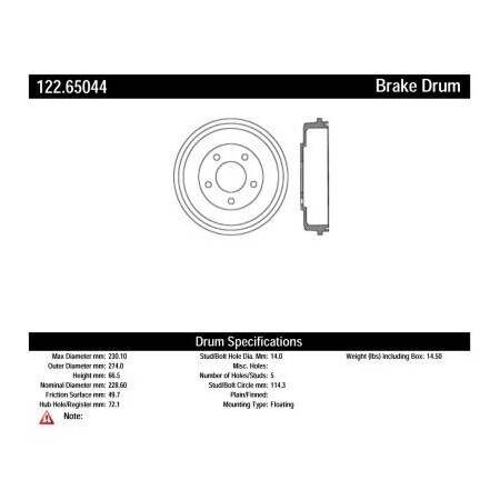 Centric Centric Premium Brake Drum, Centric Parts 122.65044 122.65044